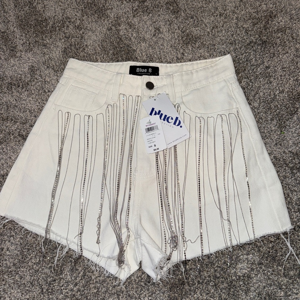 Windsor Blue B White Bling Fring Shorts with Silver Accents